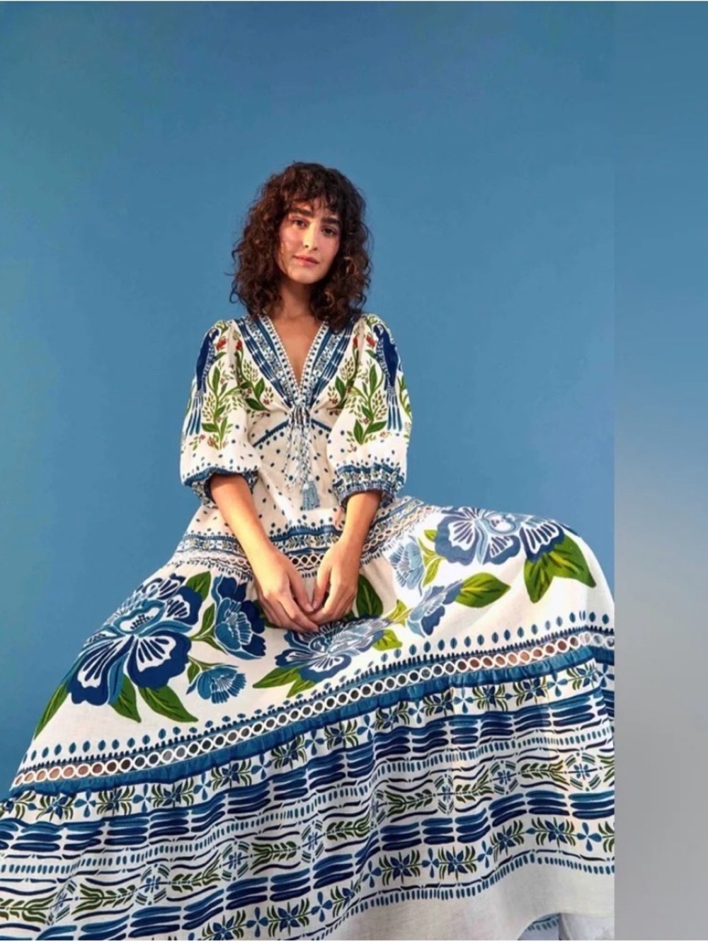 FARM Rio White Maxi Dress with Blue Floral and Green Leaves XS